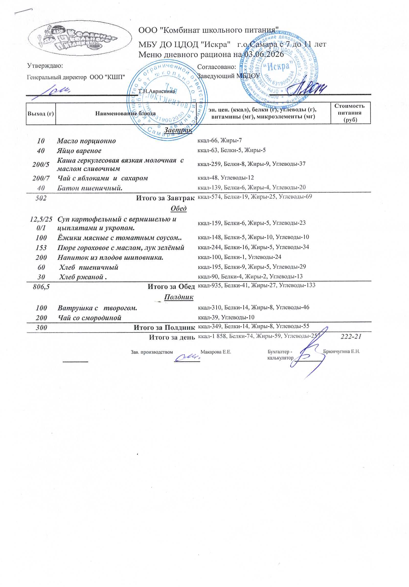 Меню на 3 июня